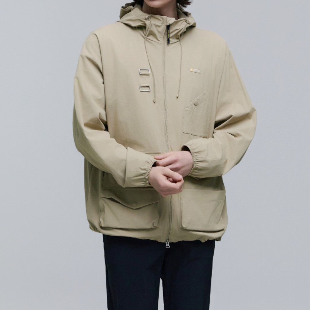 UNISEX MULTI POCKET SEMI-OVER FIT HOODIE MOUNTAIN JUMPER- BEIGE