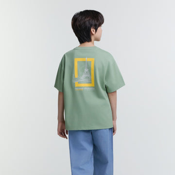 KIDS TRAVEL EIFFEL TOWER GRAPHIC T-SHIRT- KHAKI GREEN