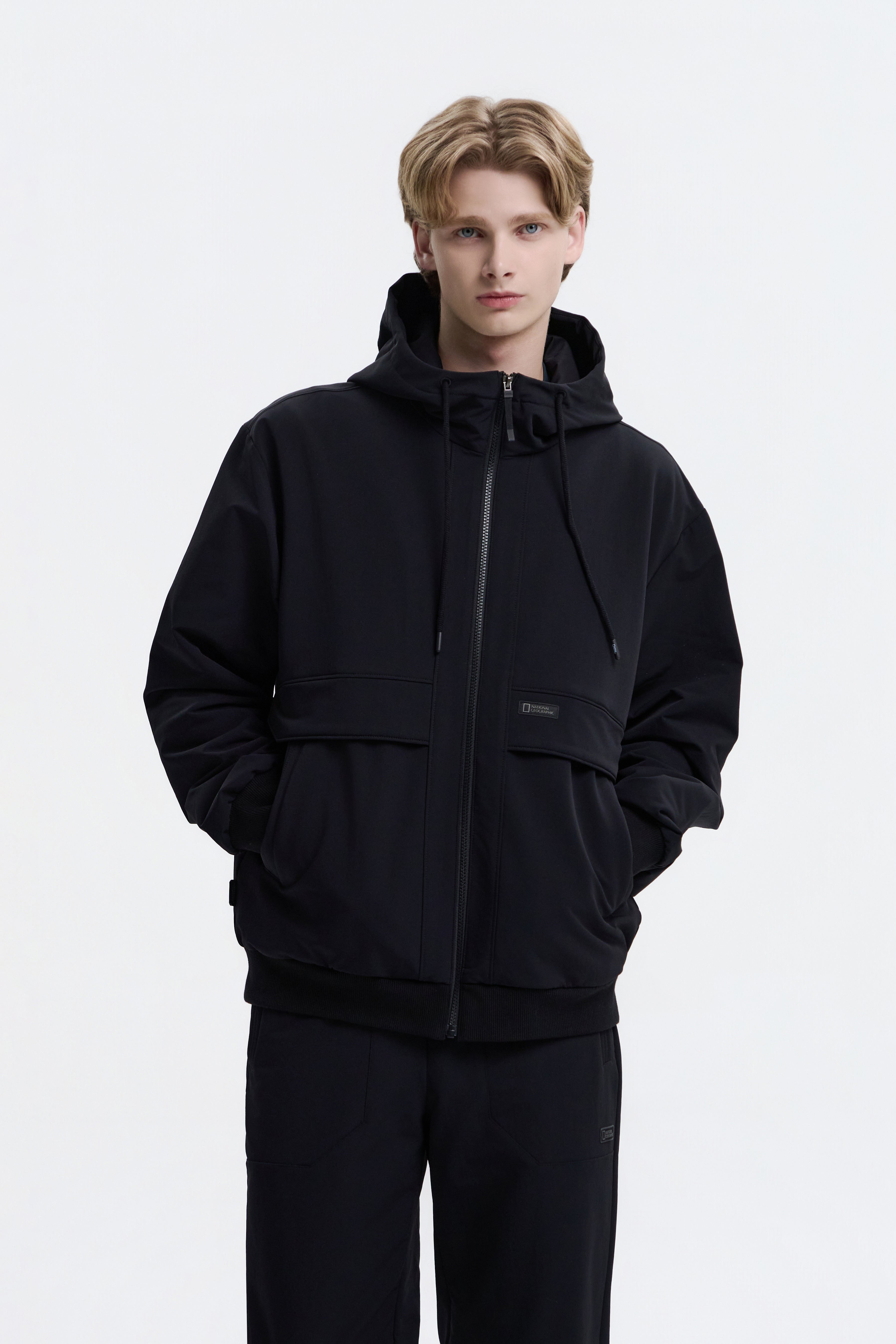 【NATIONAL GEOGRAPHIC】アルケロン 起毛 WOVEN HOODED ZIP-UP UNISEX ARCHELON DOUBLE WARM WOVEN HOODIE ZIP UP- BLACK