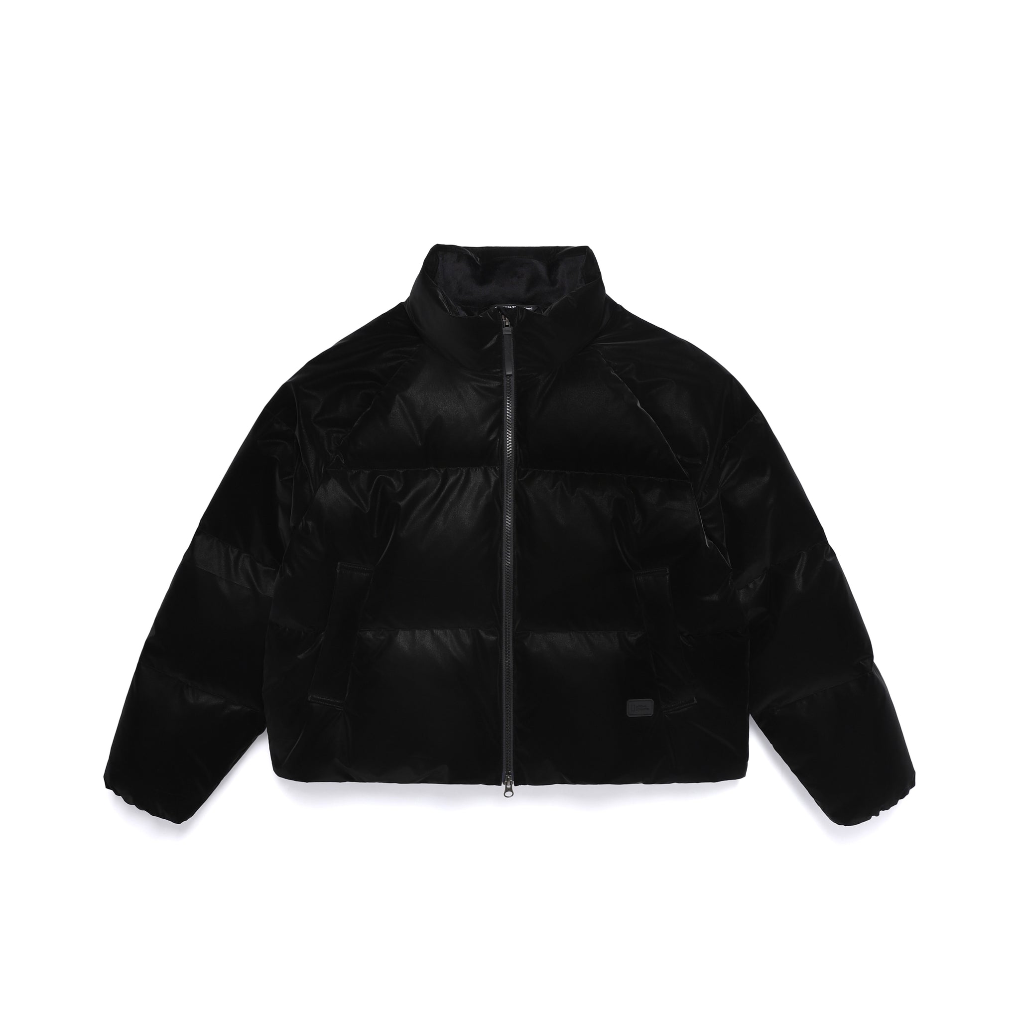 WOMEN'S LEATHER LIKE HIGH NECK DUCK DOWN JACKET- BLACK