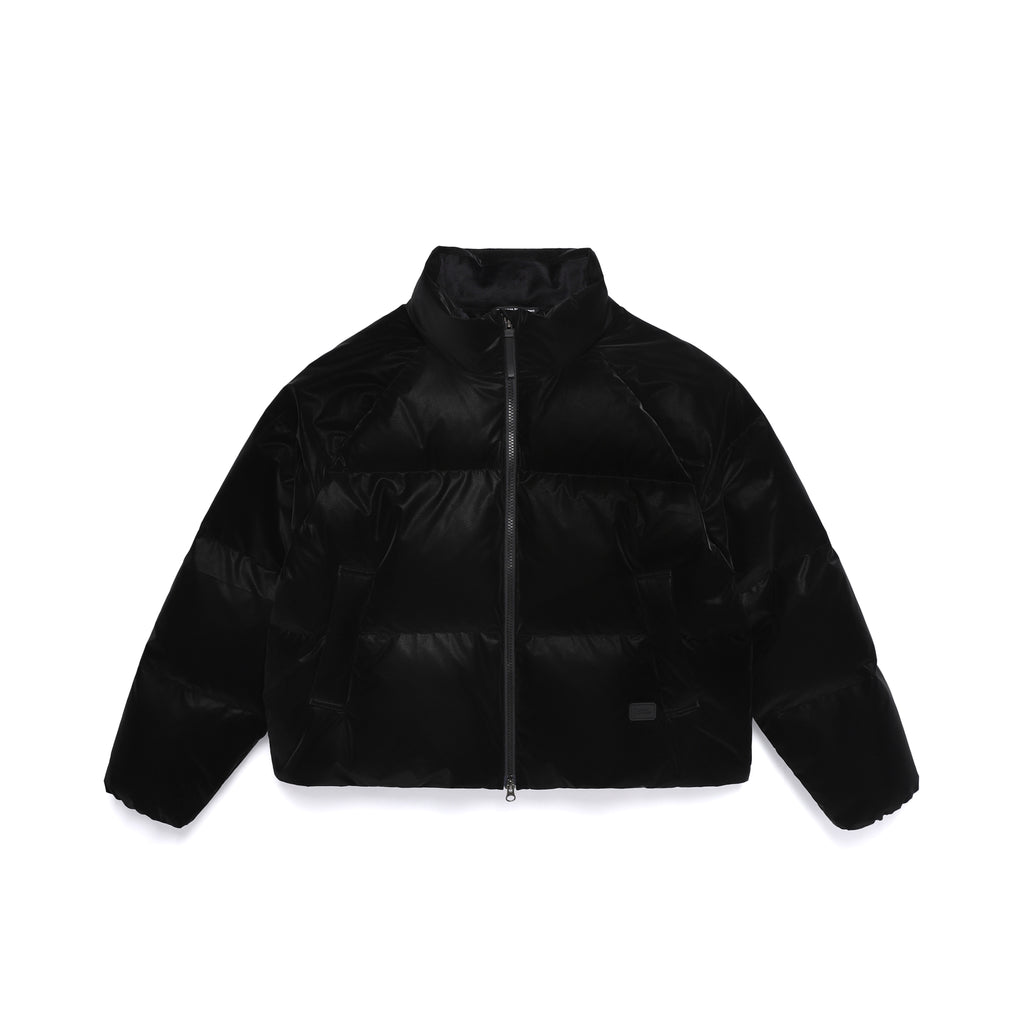 Women's Leather Like High Neck Duck Down Jacket- Black