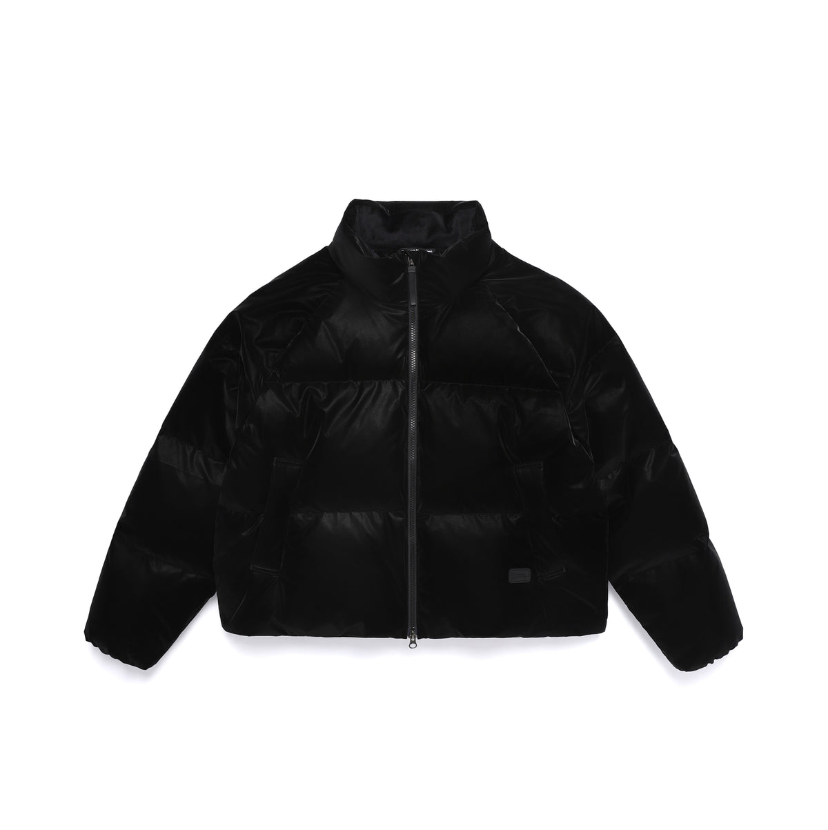 Women's Leather Like High Neck Duck Down Jacket- Black