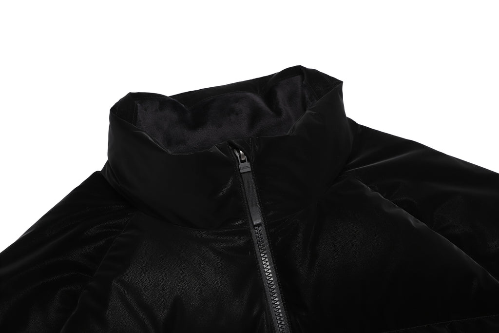 Women's Leather Like High Neck Duck Down Jacket- Black