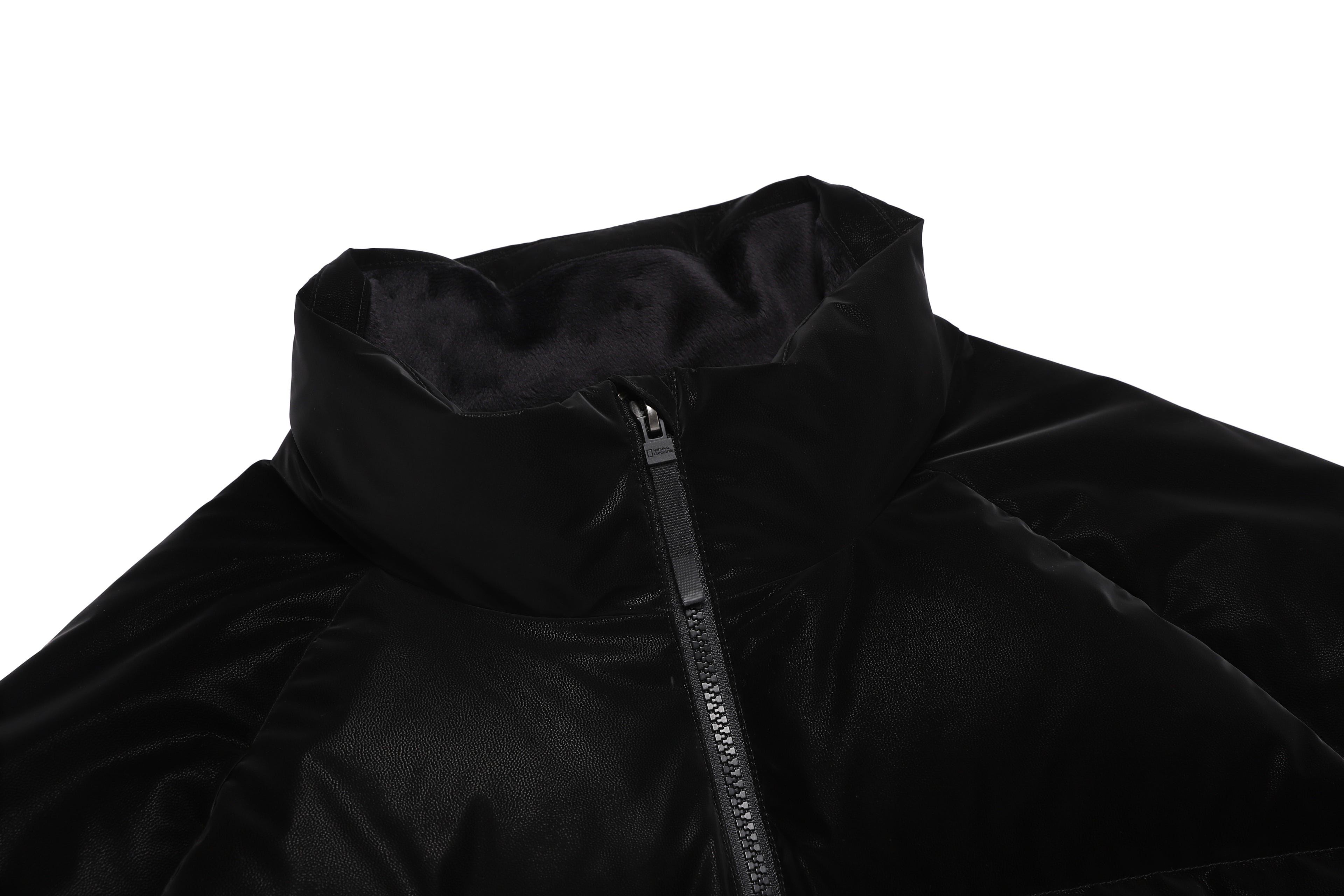 Women's Leather Like High Neck Duck Down Jacket- Black