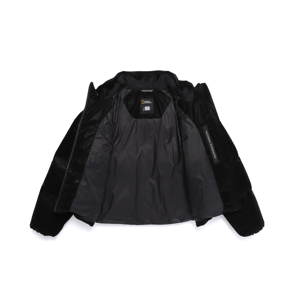 Women's Leather Like High Neck Duck Down Jacket- Black