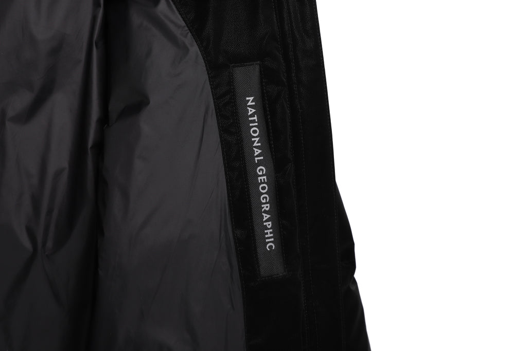 Women's Leather Like High Neck Duck Down Jacket- Black