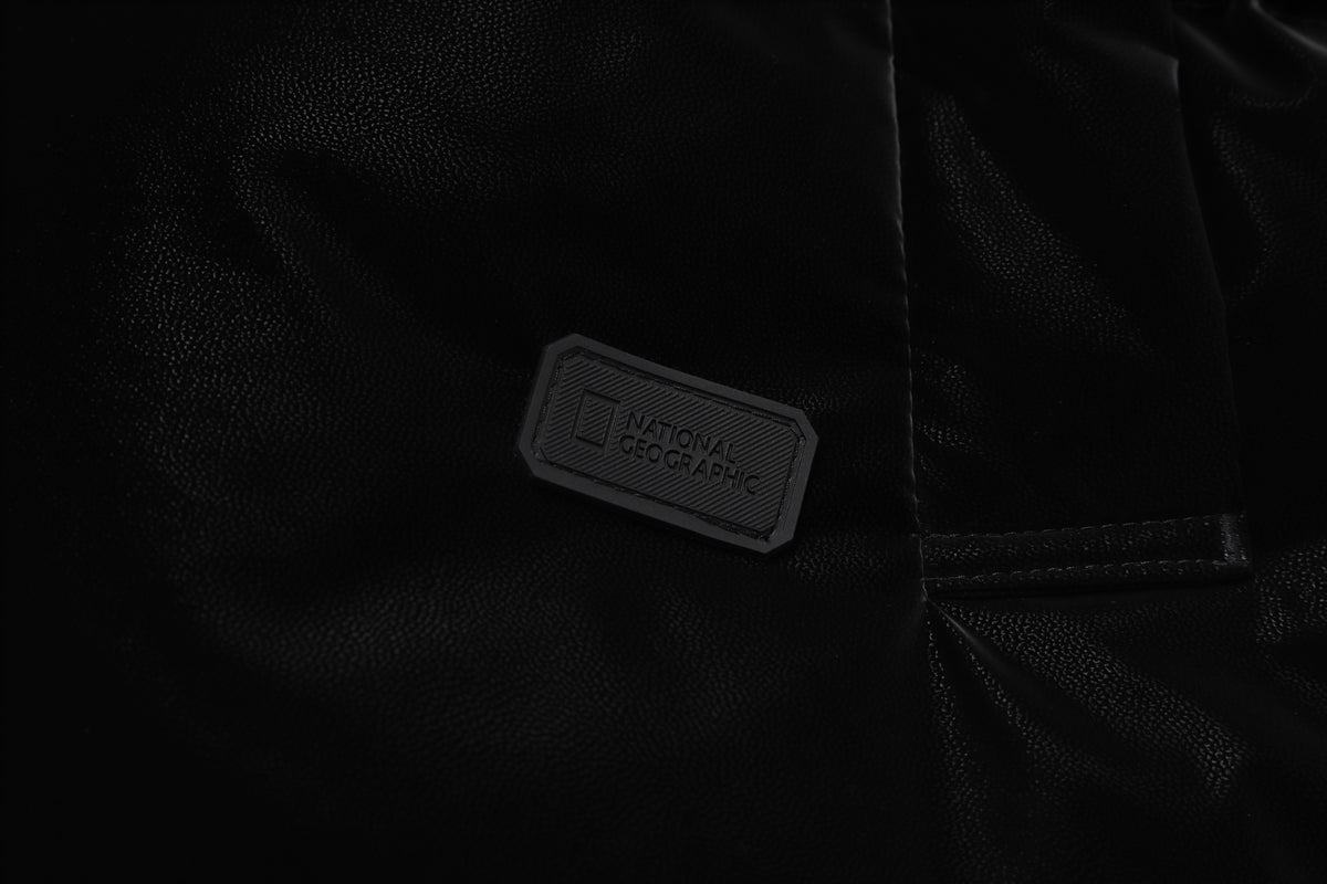 Women's Leather Like High Neck Duck Down Jacket- Black