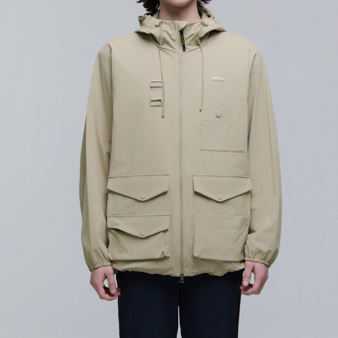 UNISEX MULTI POCKET SEMI-OVER FIT HOODIE MOUNTAIN JUMPER- BEIGE