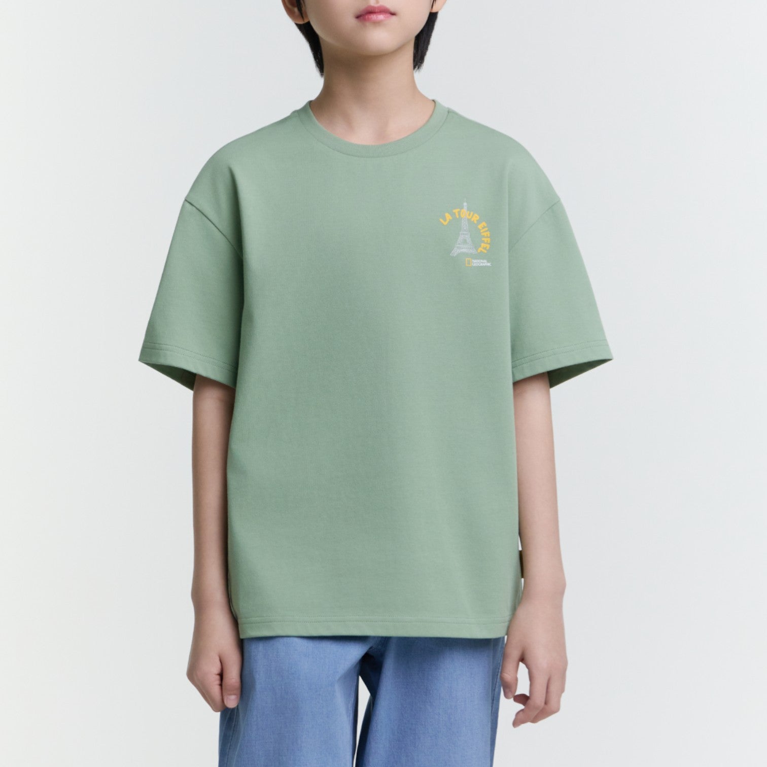 Kids Travel Eiffel Tower Graphic T-Shirt- Khaki Green