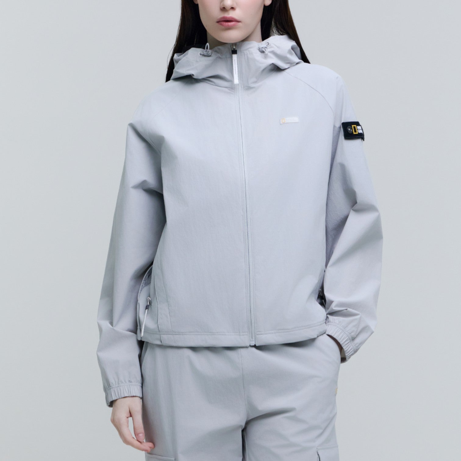WOMEN'S ADELIE LIGHT WOVEN STRETCH FULL ZIP UP HOODED JACKET-SILVER GREY