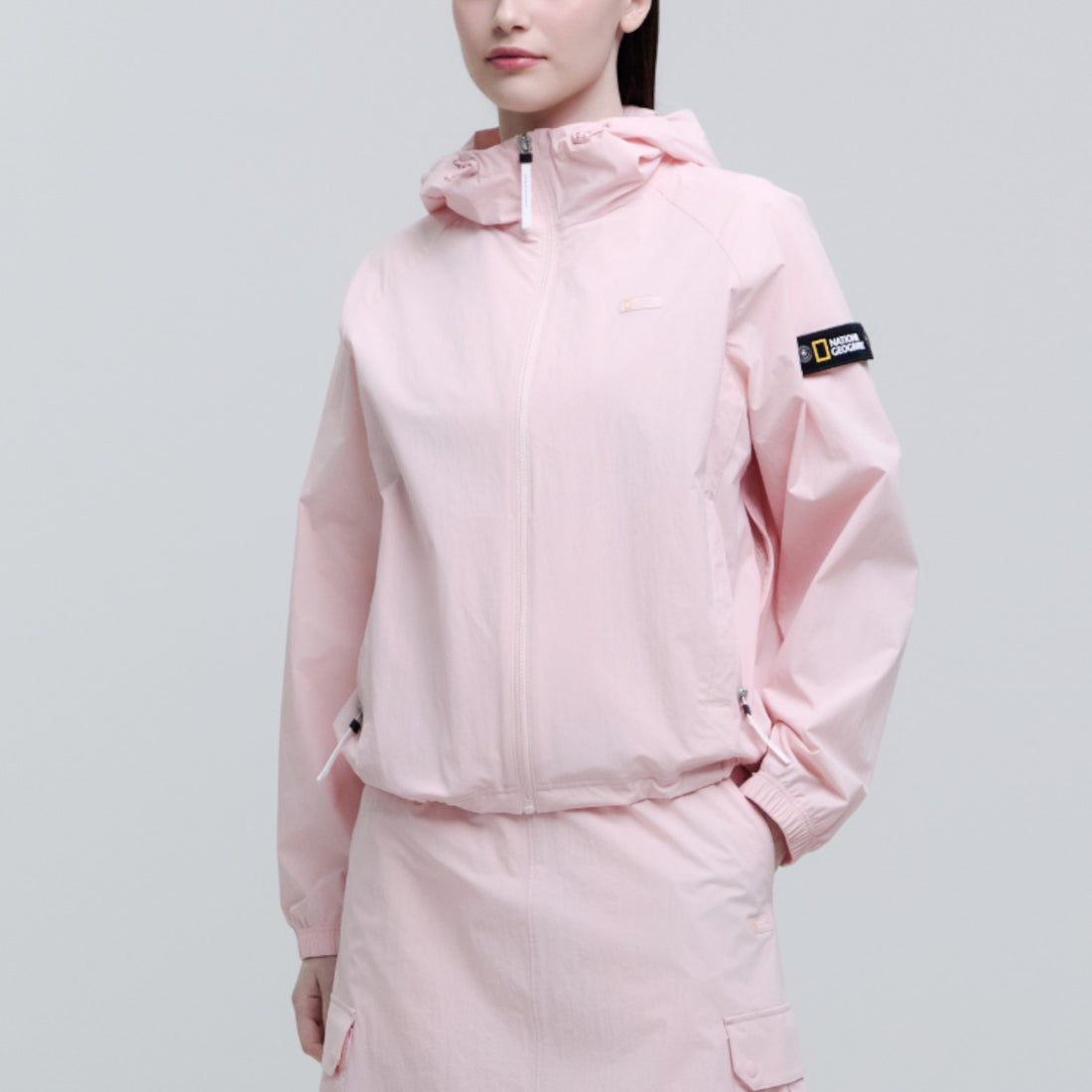 WOMEN'S ADELIE LIGHT WOVEN STRETCH FULL ZIP UP HOODED JACKET- L/PINK