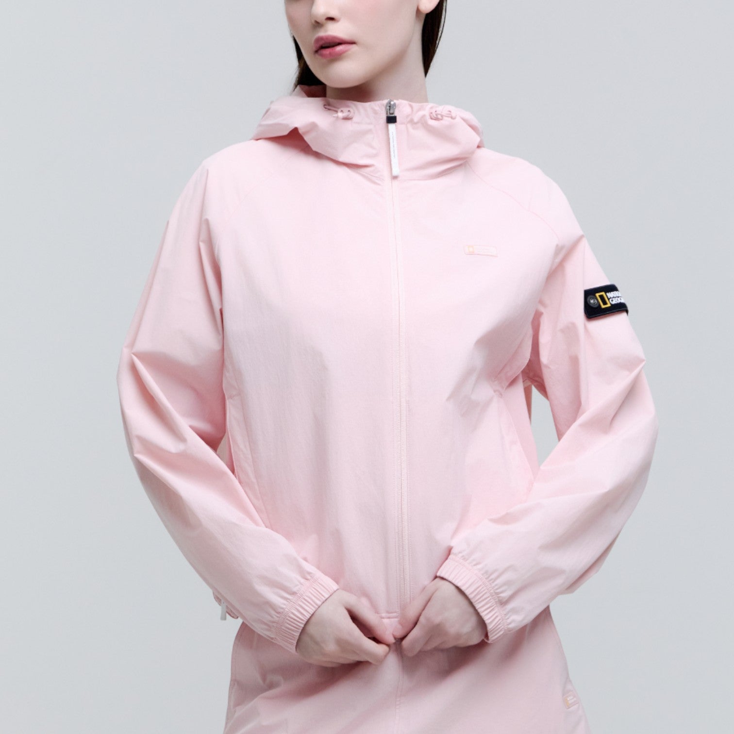 WOMEN'S ADELIE LIGHT WOVEN STRETCH FULL ZIP UP HOODED JACKET- L/PINK