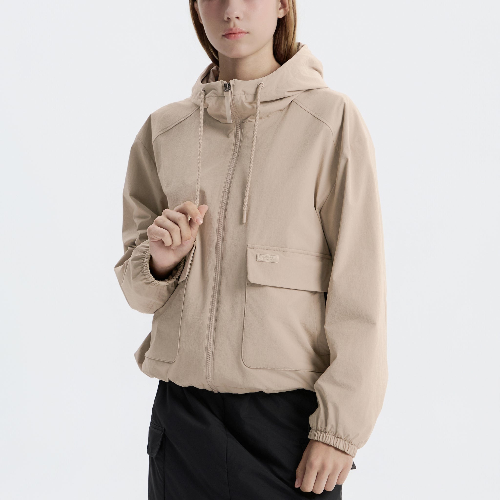 WOMEN'S ARCHELON WOVEN STRETCH TRAINING HOODED ZIP-UP- MOURNING BEIGE