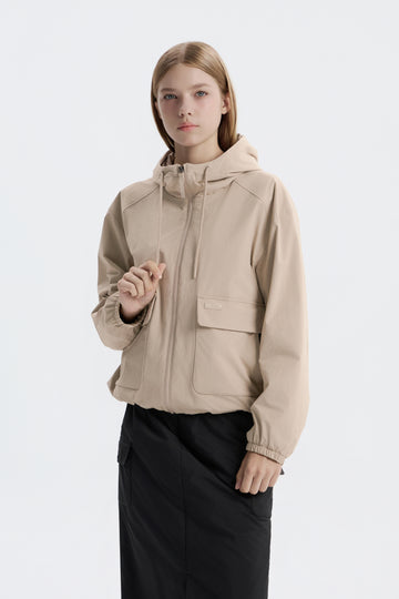 WOMEN'S ARCHELON WOVEN STRETCH TRAINING HOODED ZIP-UP- MOURNING BEIGE