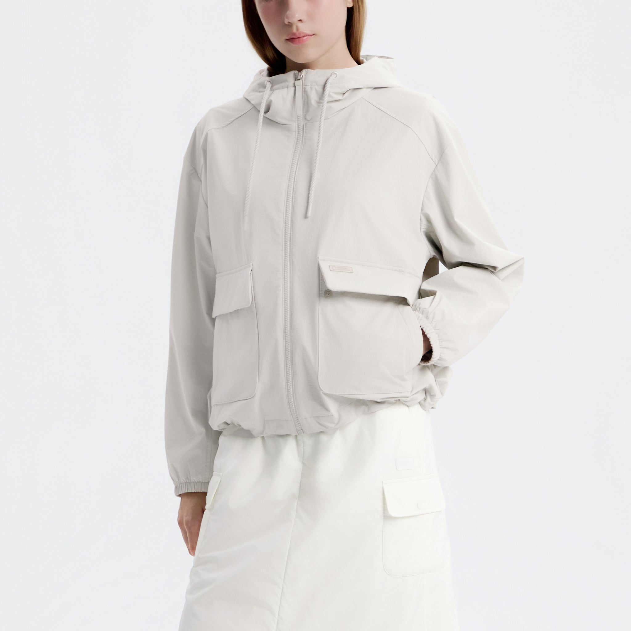 WOMEN'S ARCHELON WOVEN STRETCH TRAINING HOODED ZIP-UP- LIGHT GREY
