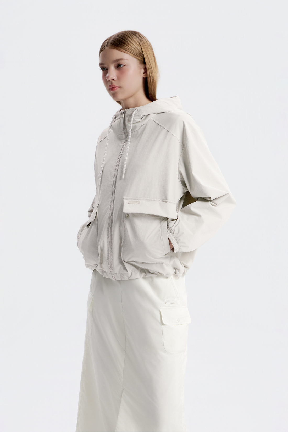 WOMEN'S ARCHELON WOVEN STRETCH TRAINING HOODED ZIP-UP- LIGHT GREY