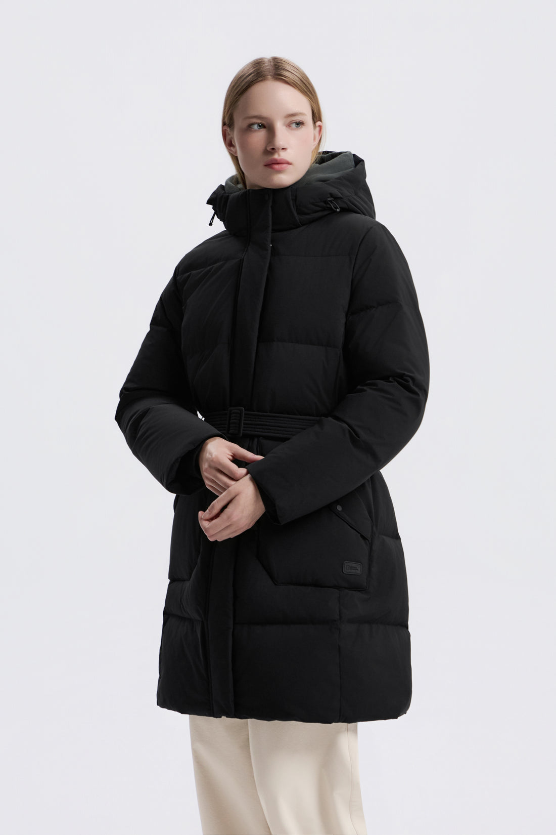 WOMEN'S MID-LENGTH DETACHABLE HOOD GOOSE DOWN JACKET- BLACK