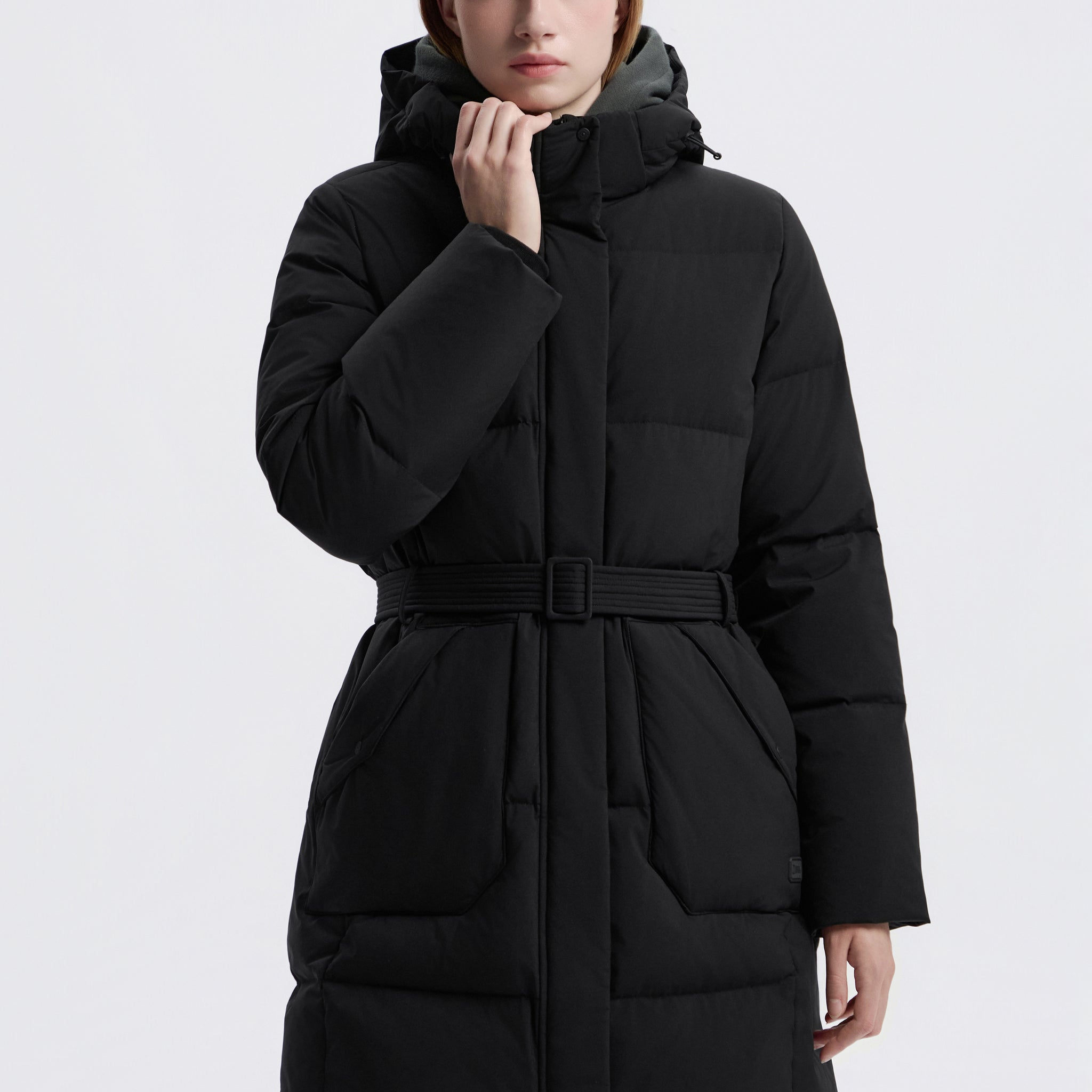 WOMEN'S MID-LENGTH DETACHABLE HOOD GOOSE DOWN JACKET- BLACK