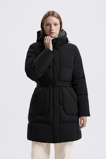 WOMEN'S MID-LENGTH DETACHABLE HOOD GOOSE DOWN JACKET- BLACK