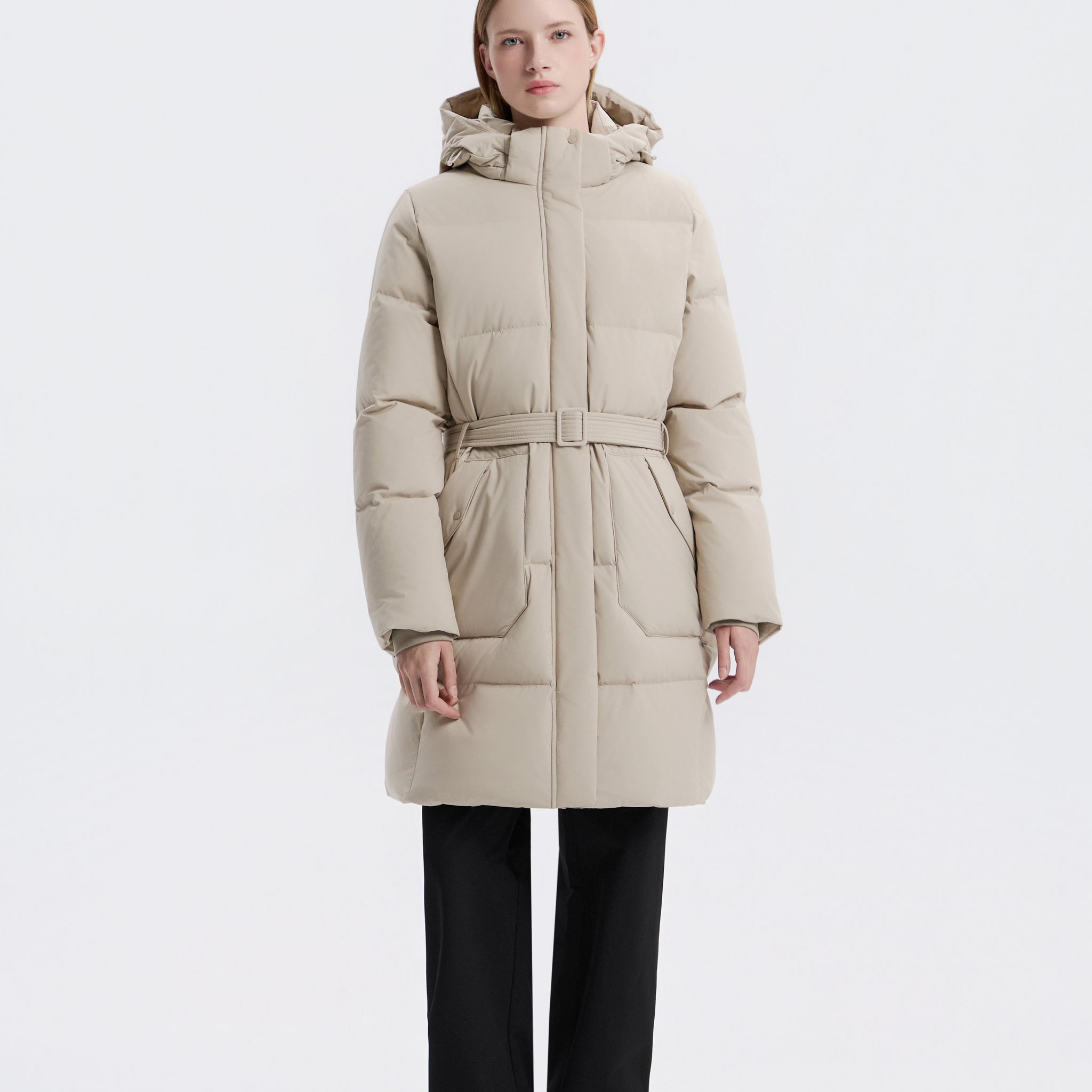 WOMEN'S MID-LENGTH DETACHABLE HOOD GOOSE DOWN JACKET- MOURNING BEIGE