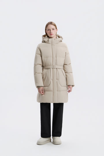 WOMEN'S MID-LENGTH DETACHABLE HOOD GOOSE DOWN JACKET- MOURNING BEIGE