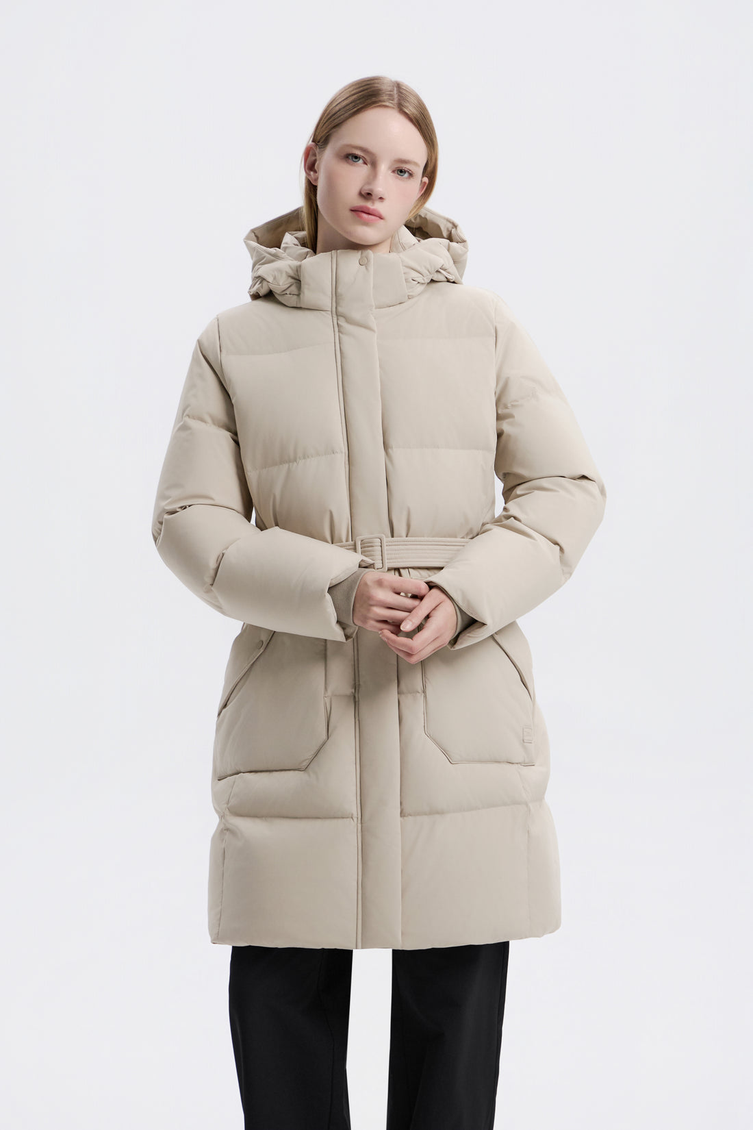 WOMEN'S MID-LENGTH DETACHABLE HOOD GOOSE DOWN JACKET- MOURNING BEIGE