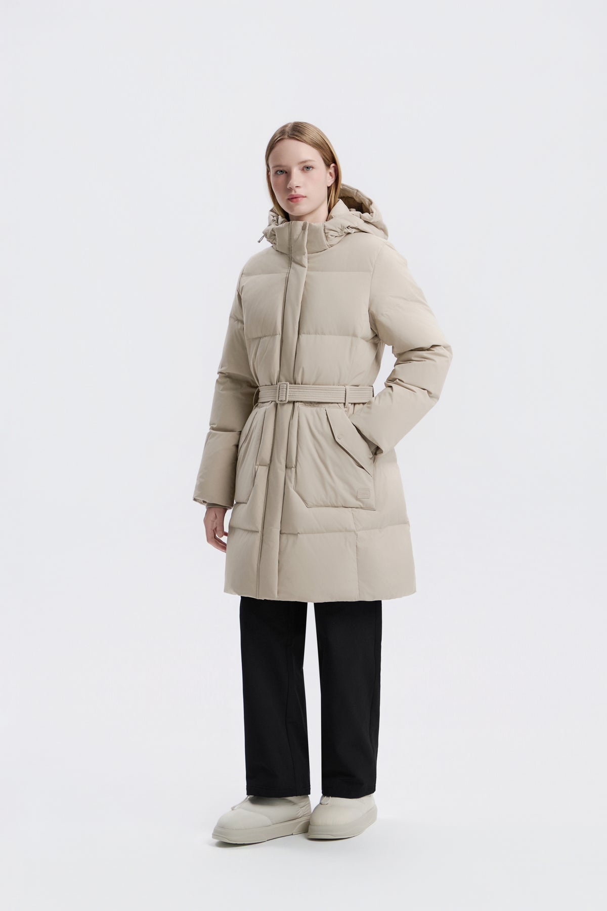 Women's Mid-Length Detachable Hood Goose Down Jacket